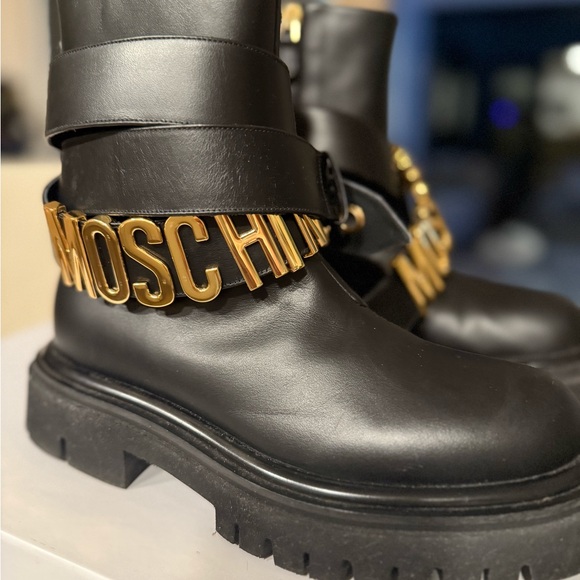 Moschino Black Moto Boots with Gold Accents - Picture 2 of 8